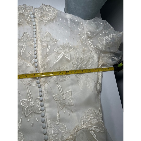 Vintage 80s Victorian Revival Wedding Dress Ivory High Neck Sheer Lace Illusion - Picture 15 of 16